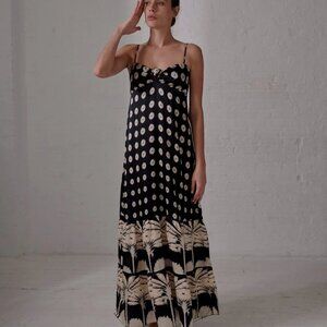 NWT JUAN DE DIOS Julieta Silk Maxi Dress Black/Cream With Palm Print Size 0